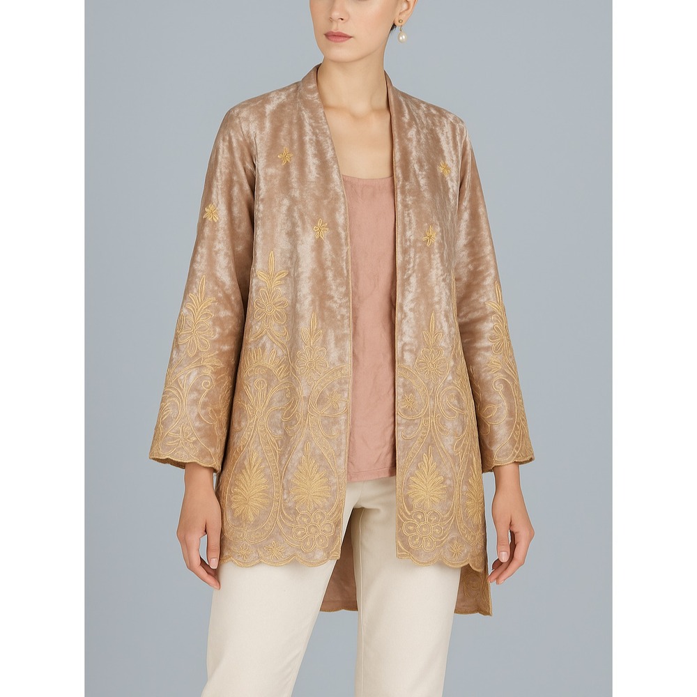 Lenni Jacket Womens Large Pink Gold Velvet Embroidered Boho Kimono Open Front